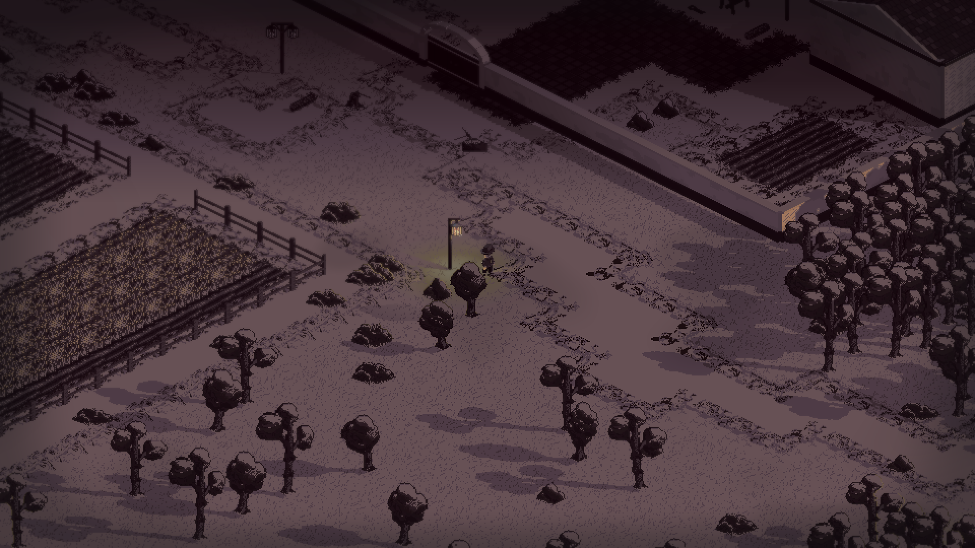 The character on a path among trees, lamps and crops at dawn.
